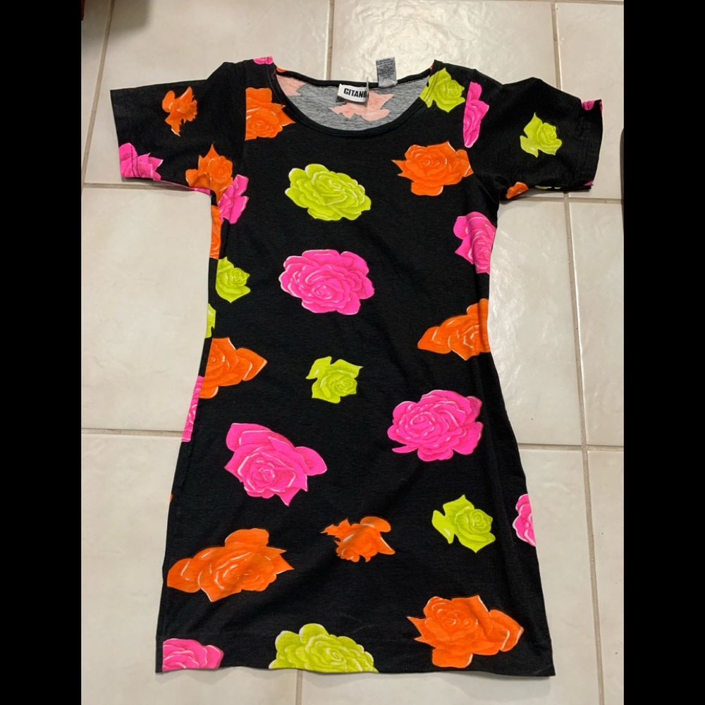 Mini dress, stunning bright flowers, Med, by Gitano, Exotic dancer, clubwear